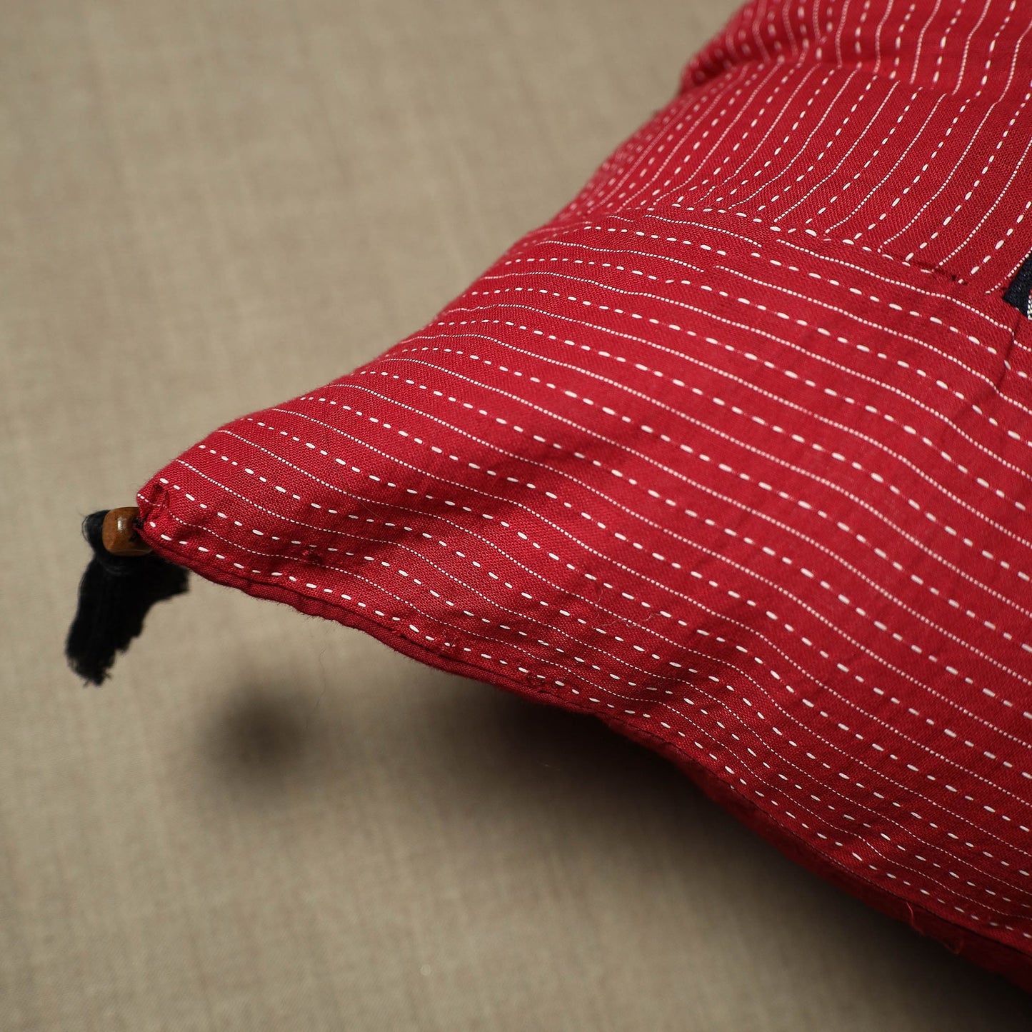 Red Kantha Stitch Ikat Cushion Cover at iTokri.Com