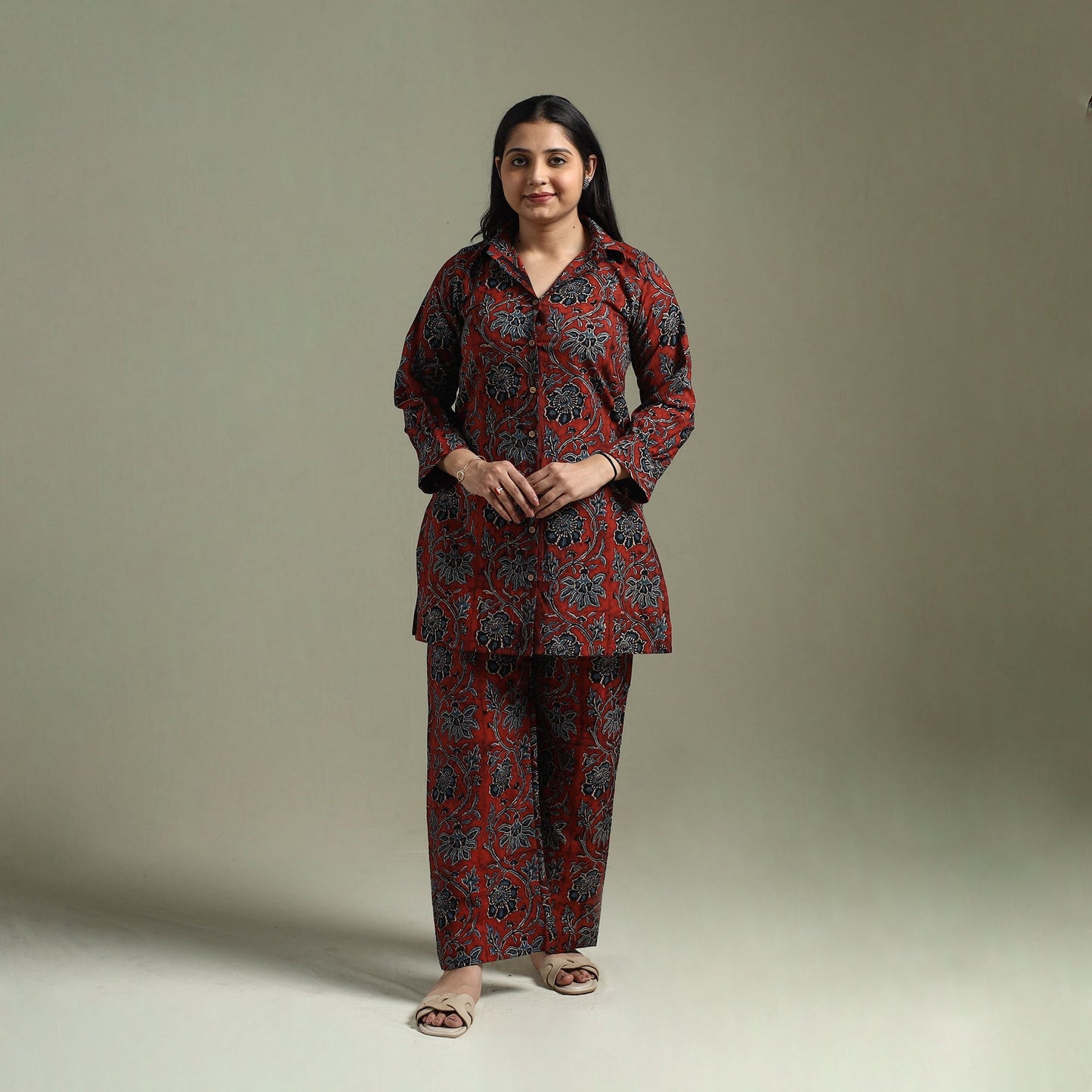 Pure cotton natural dyed ajrakh hand block print night suit