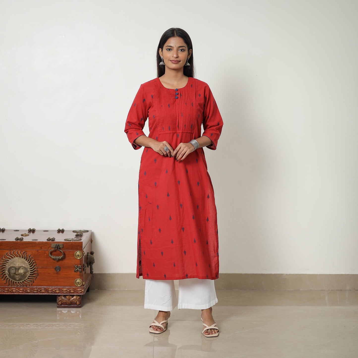 Red - Pure Cotton Pintuck Straight Jacquard Kurta 10