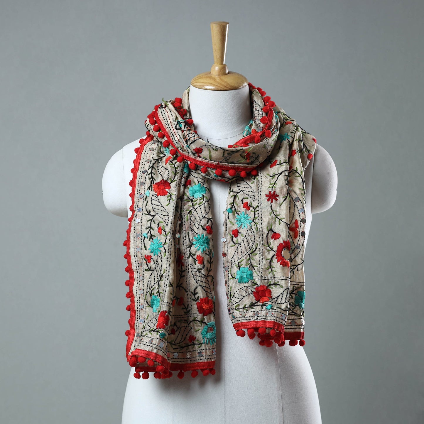 Red Ranihati Chanderi Silk Embroidered Stole