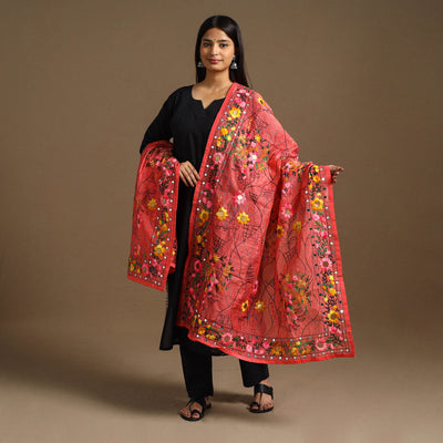 Red Ranihati Chanderi Silk Hand Embroidery Dupatta