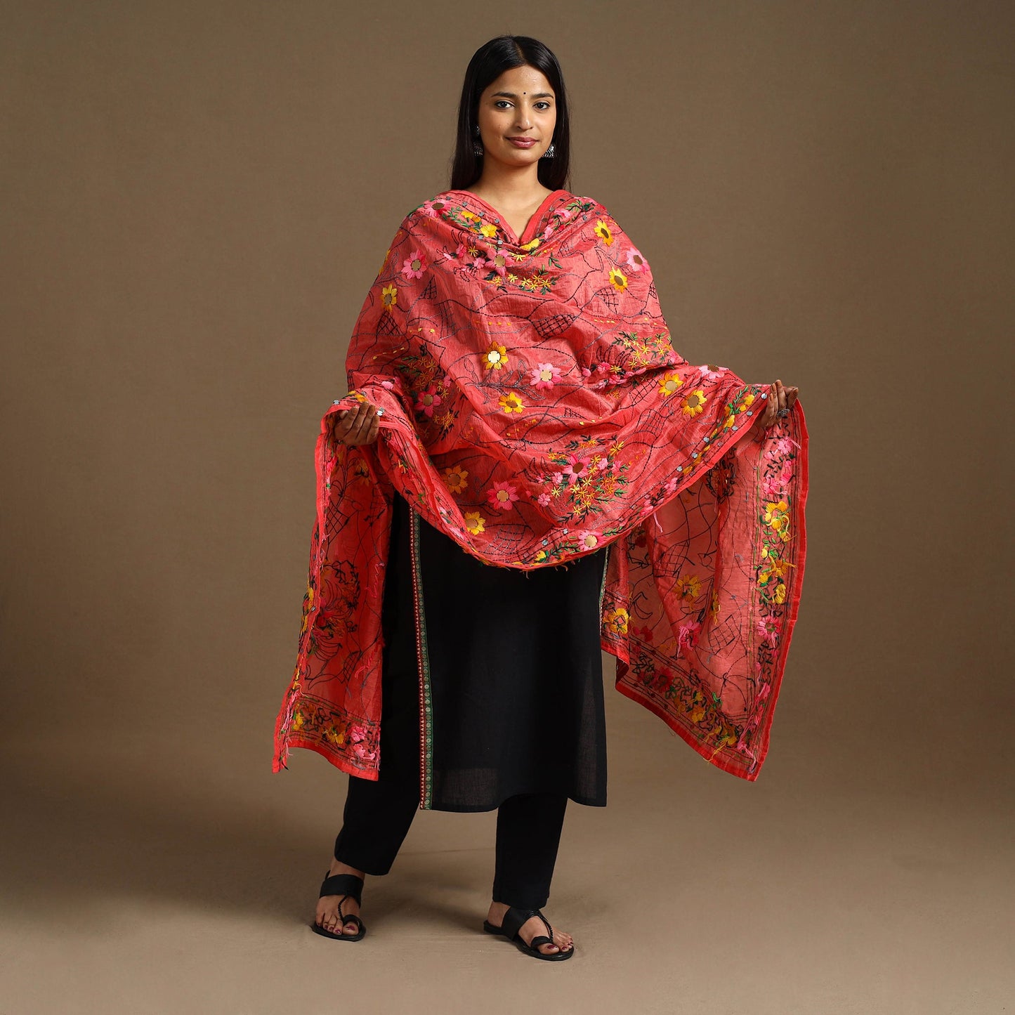  Red Ranihati Chanderi Silk Hand Embroidery Dupatta