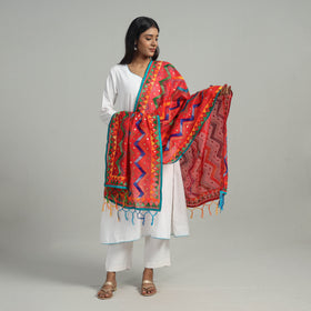 Red Ranihati Chanderi Silk Tagai Work Phulkari Dupatta