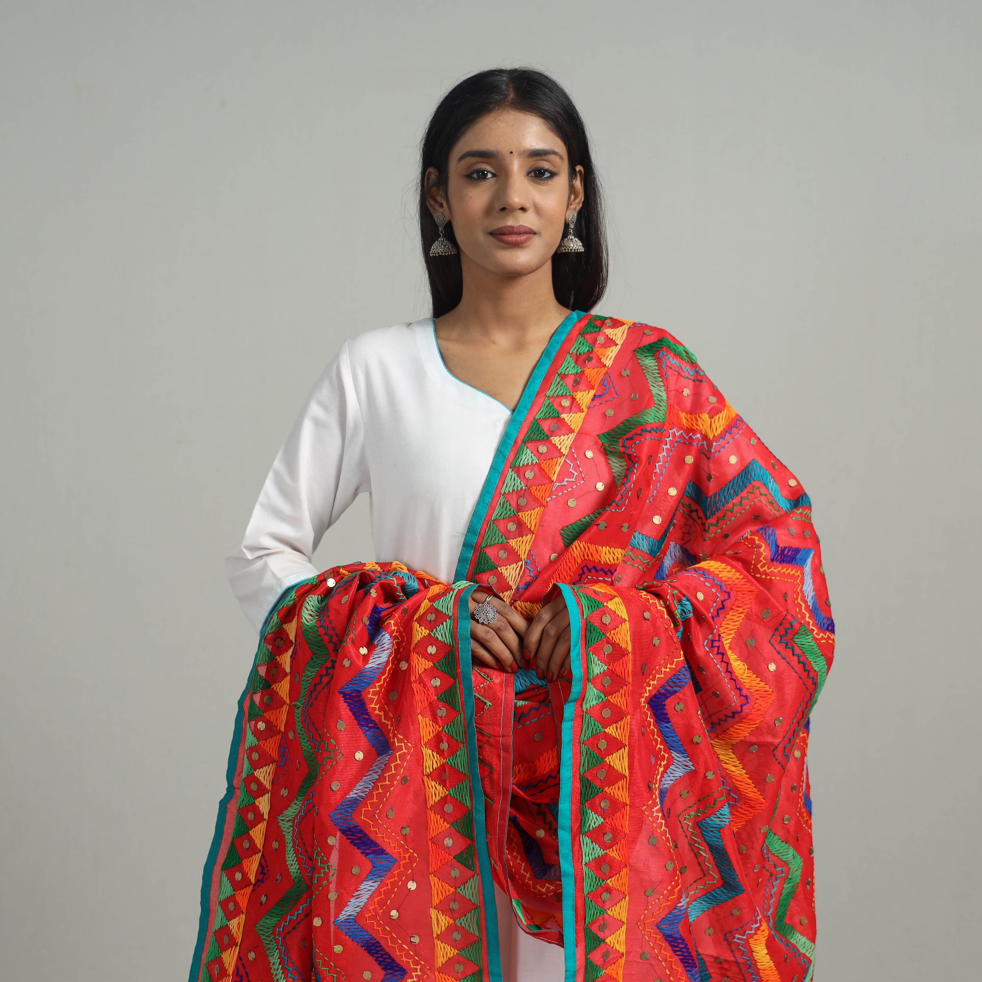 Red Ranihati Chanderi Silk Tagai Work Phulkari Dupatta