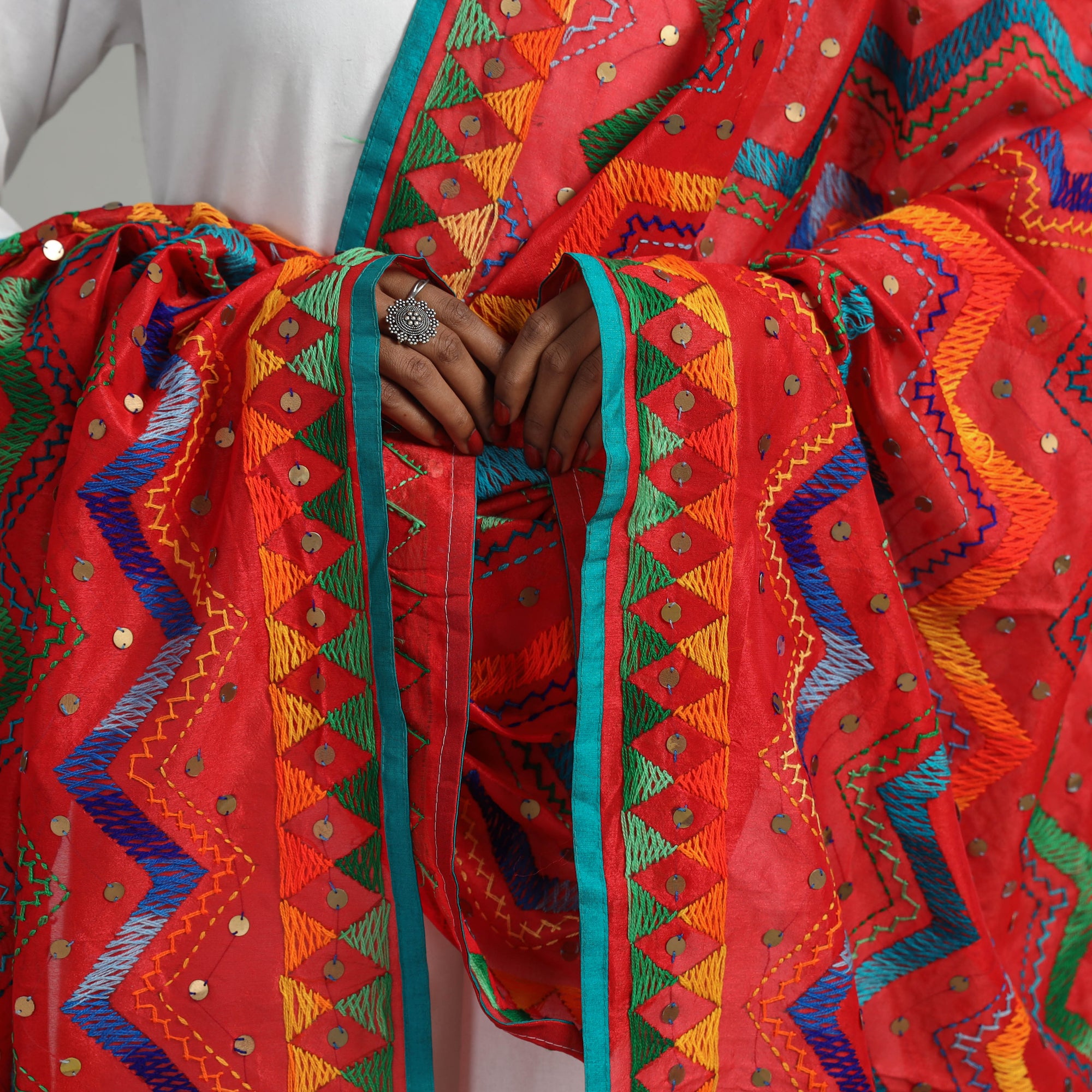Red Ranihati Chanderi Silk Tagai Work Phulkari Dupatta