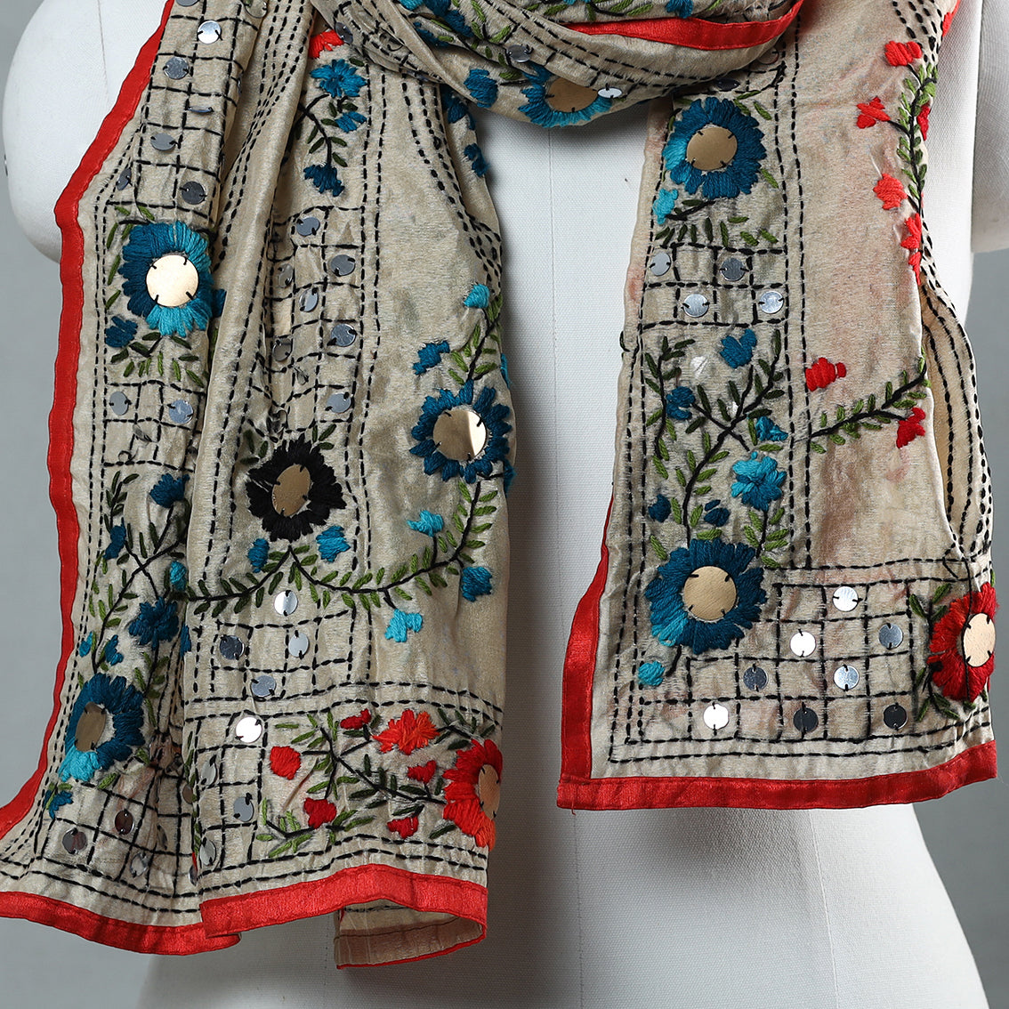 Red Ranihati Chapa Work Embroidery Chanderi Silk Stole