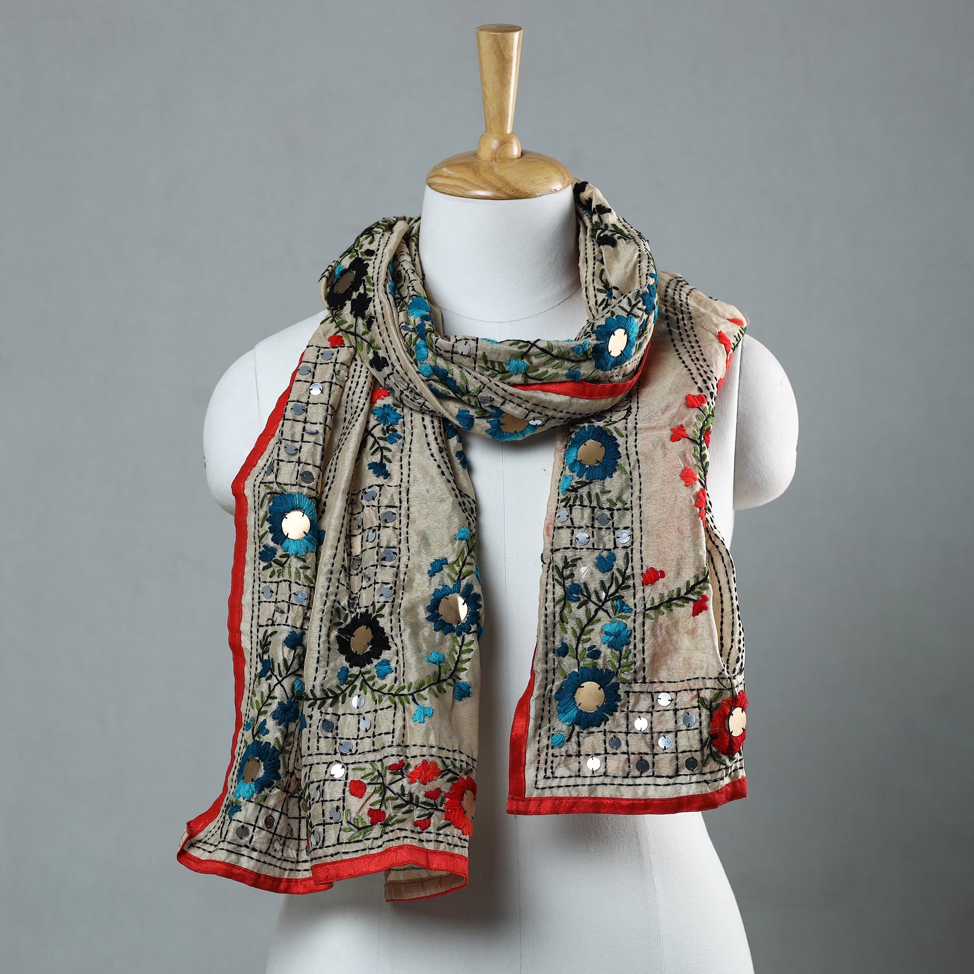 Beige - Ranihati Chapa Work Chanderi Silk Hand Embroidery Dupatta 98