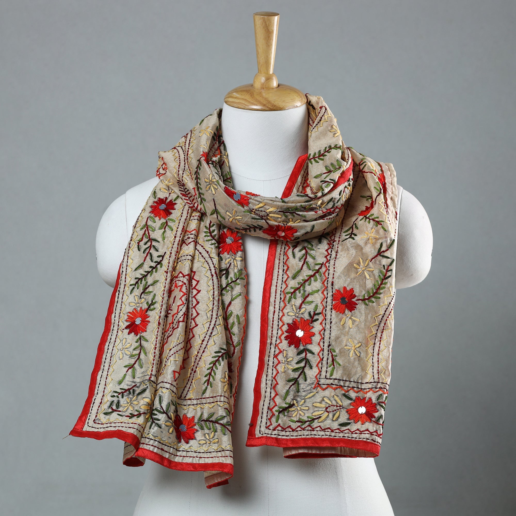 Beige - Ranihati Chapa Work Chanderi Silk Hand Embroidery Dupatta 142