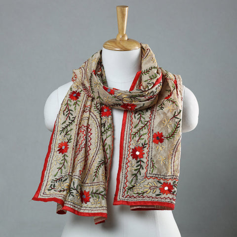 Red Ranihati Chapa Work Embroidery Chanderi Silk Stole