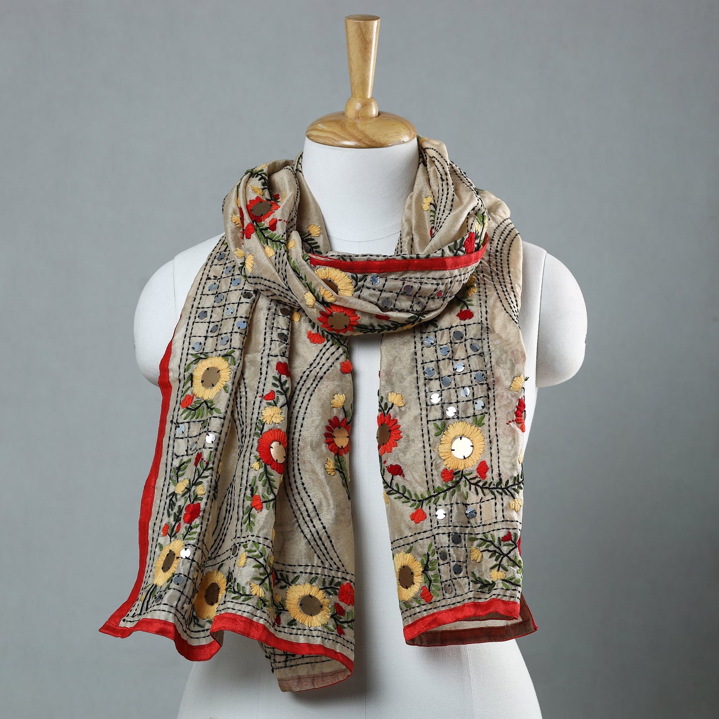 Red Ranihati Chapa Work Embroidery Chanderi Silk Stole