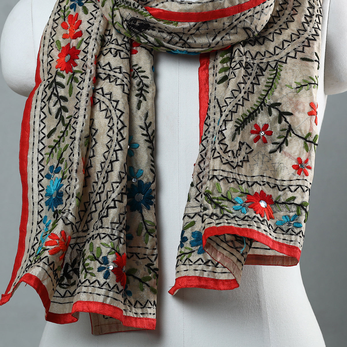 Red Ranihati Chapa Work Embroidery Chanderi Silk Stole