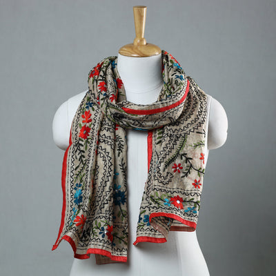 Red Ranihati Chapa Work Embroidery Chanderi Silk Stole