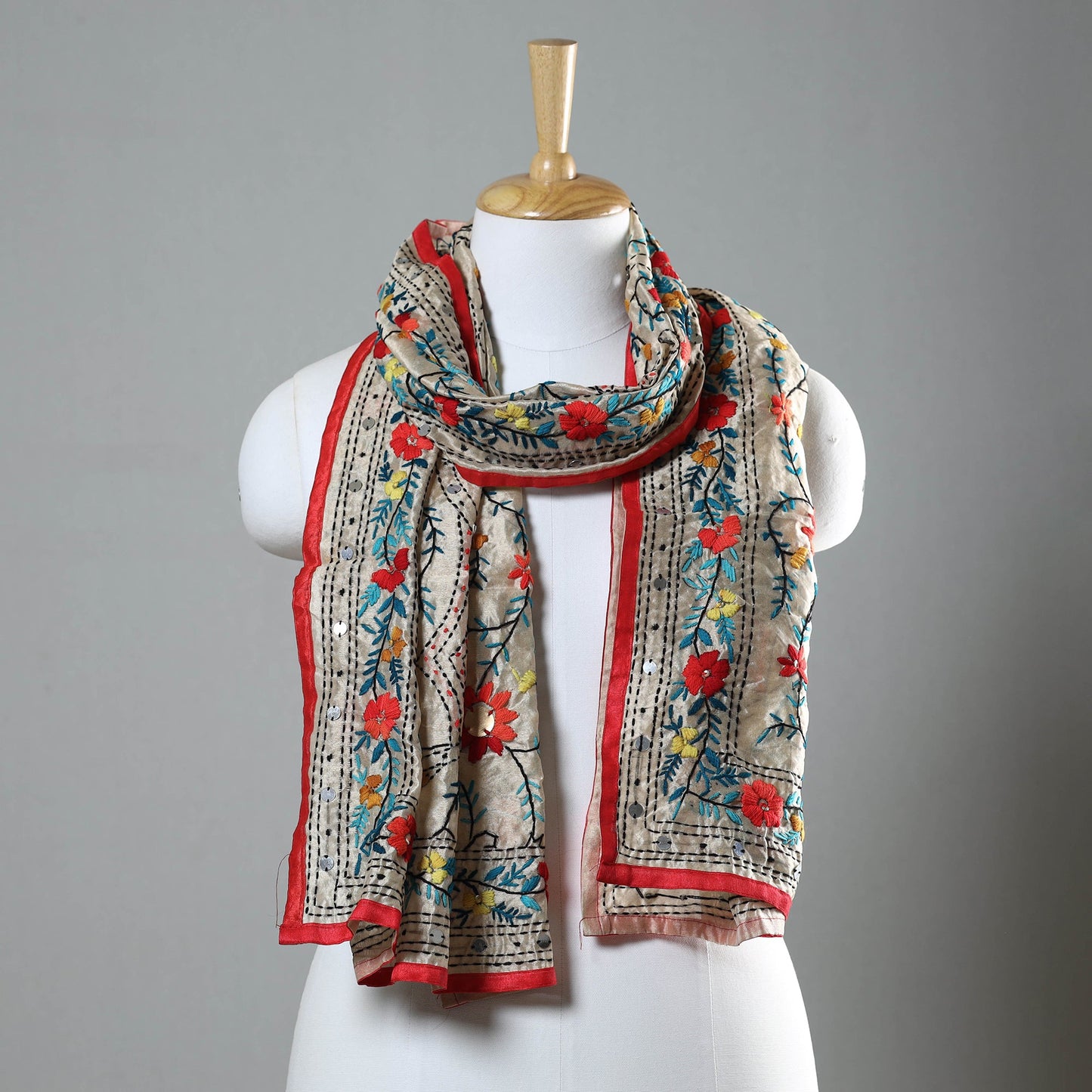 Red Ranihati Chapa Work Embroidery Chanderi Silk Stole