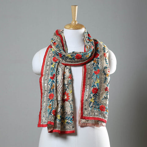 Red Ranihati Chapa Work Embroidery Chanderi Silk Stole