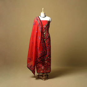 Red - ranihati chapa work hand embroidery chanderi silk 3pc