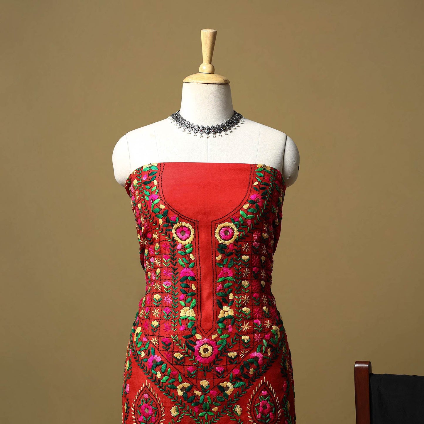 Red - ranihati chapa work hand embroidery chanderi silk 3pc