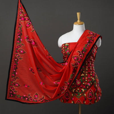Red 3pc Embroidery Chanderi Silk Phulkari Dress Material