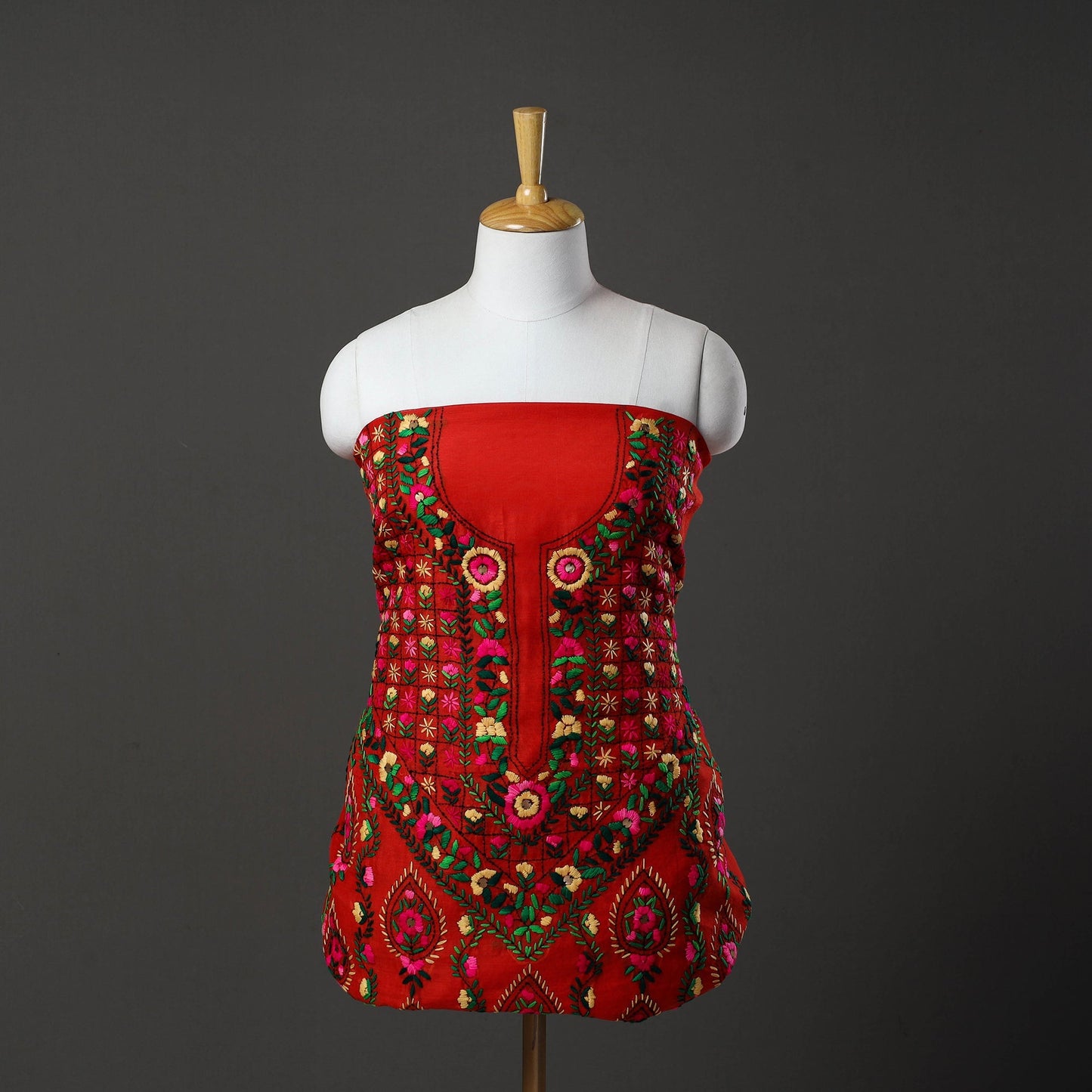 Red 3pc Embroidery Chanderi Silk Phulkari Dress Material