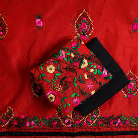 Red 3pc Embroidery Chanderi Silk Phulkari Dress Material