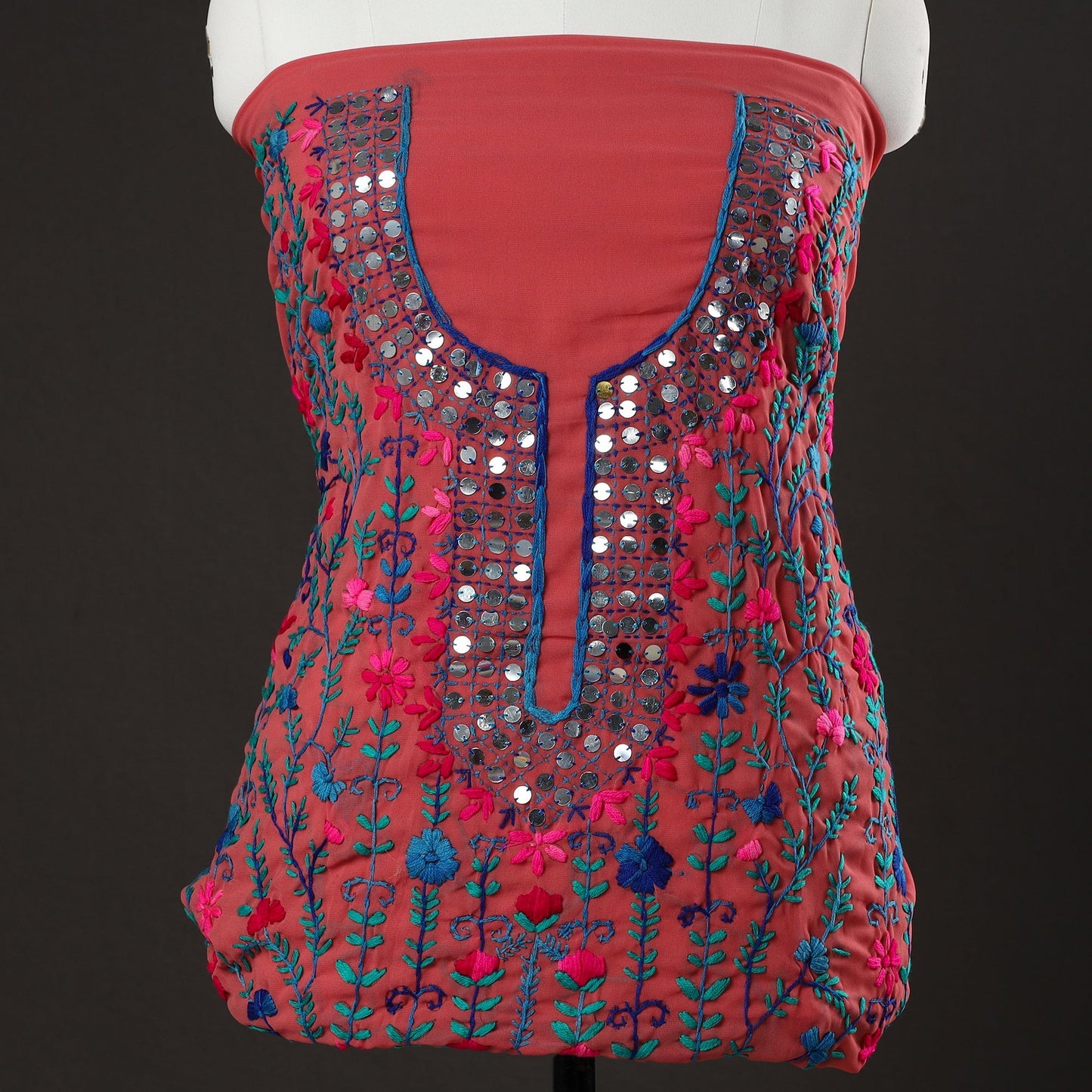  3pc Phulkari Embroidery Chapa Work Georgette Suit Material Set 01 