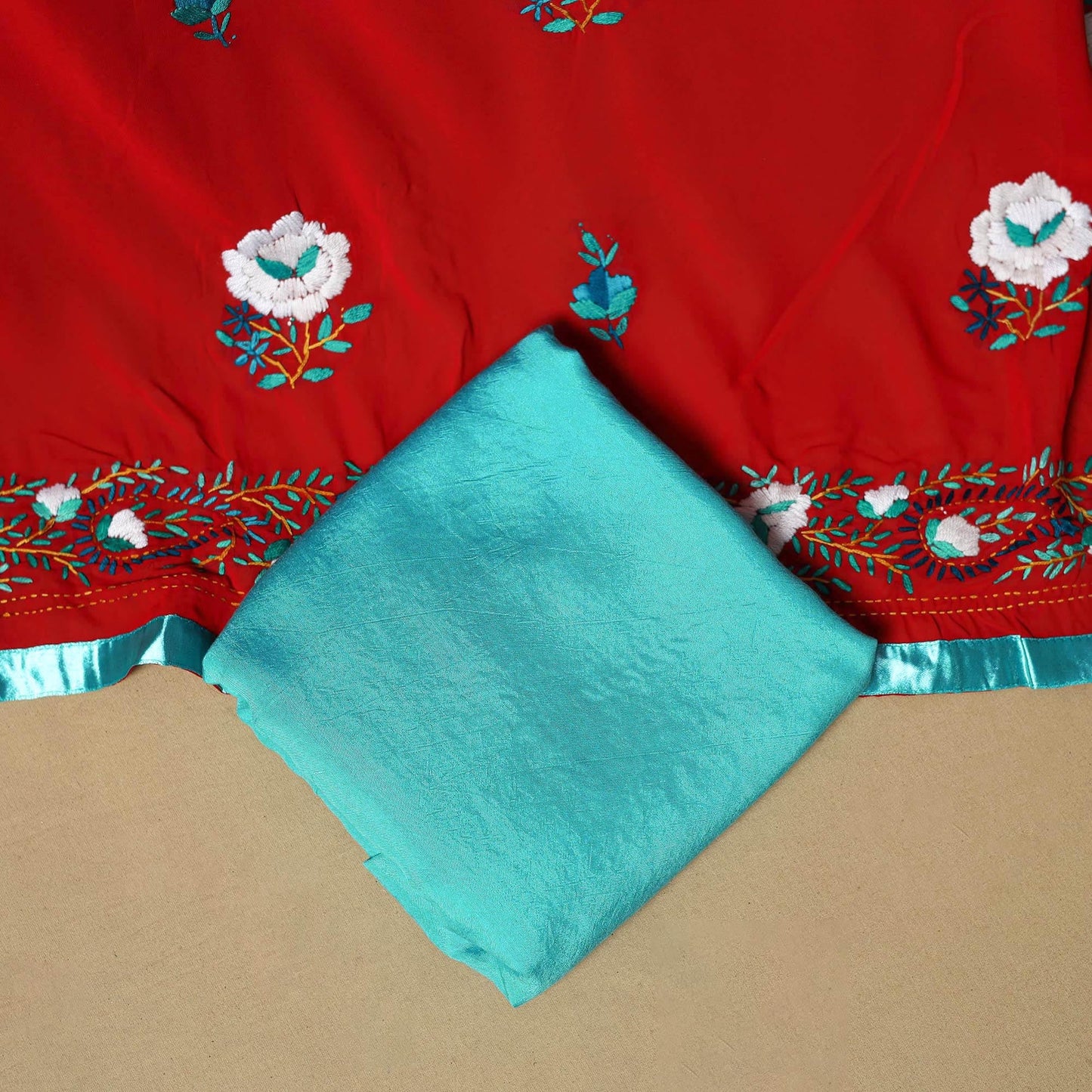 Red - ranihati chapa work hand embroidery georgette 3pc