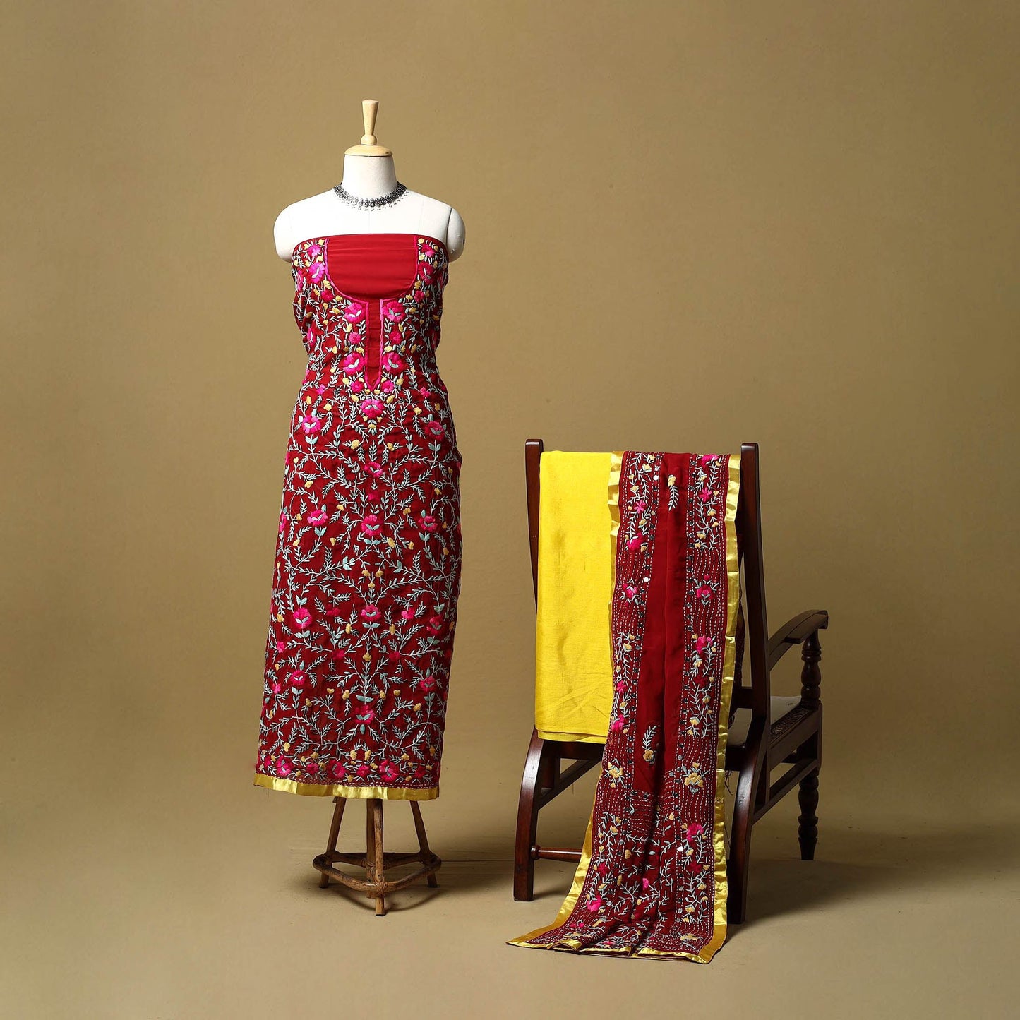 Red - ranihati chapa work hand embroidery georgette 3pc