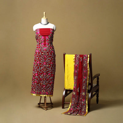 Red - ranihati chapa work hand embroidery georgette 3pc