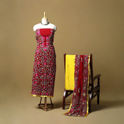 Red - ranihati chapa work hand embroidery georgette 3pc