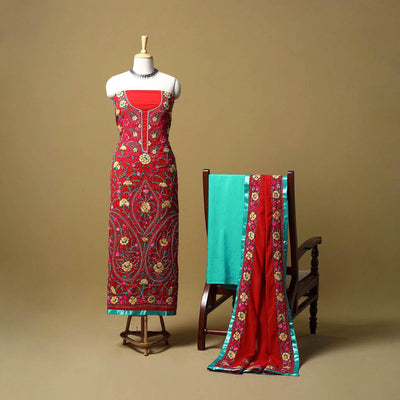 Red - ranihati chapa work hand embroidery georgette 3pc