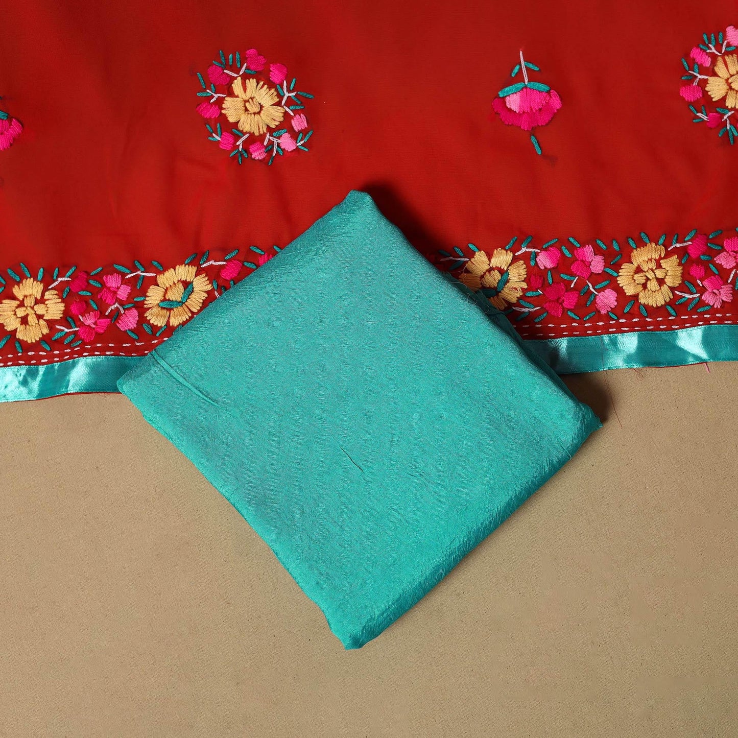 Red - ranihati chapa work hand embroidery georgette 3pc