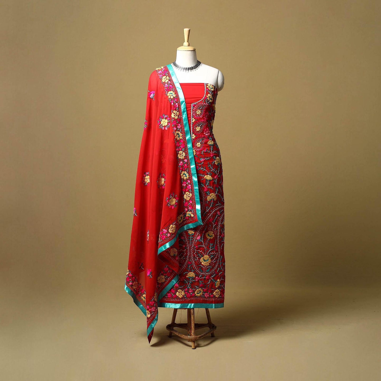 Red - ranihati chapa work hand embroidery georgette 3pc