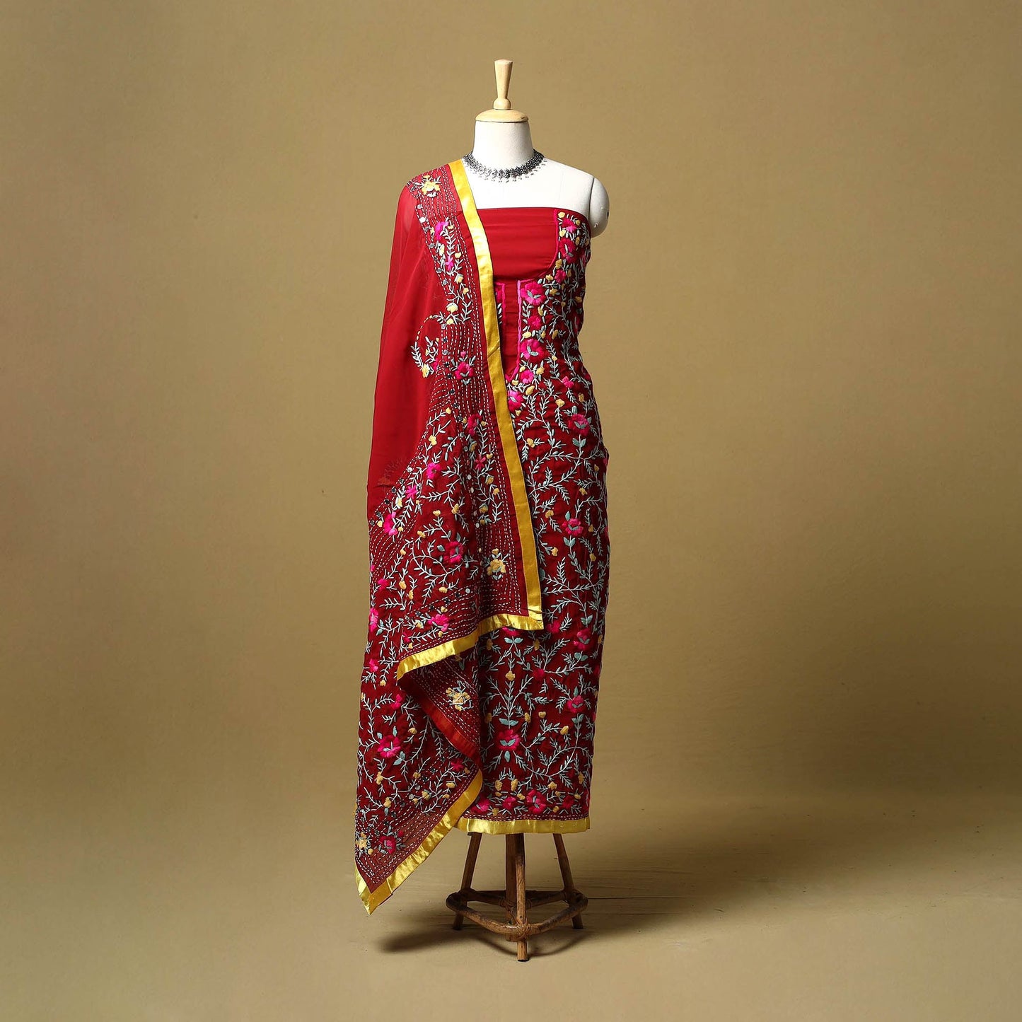 Red - ranihati chapa work hand embroidery georgette 3pc