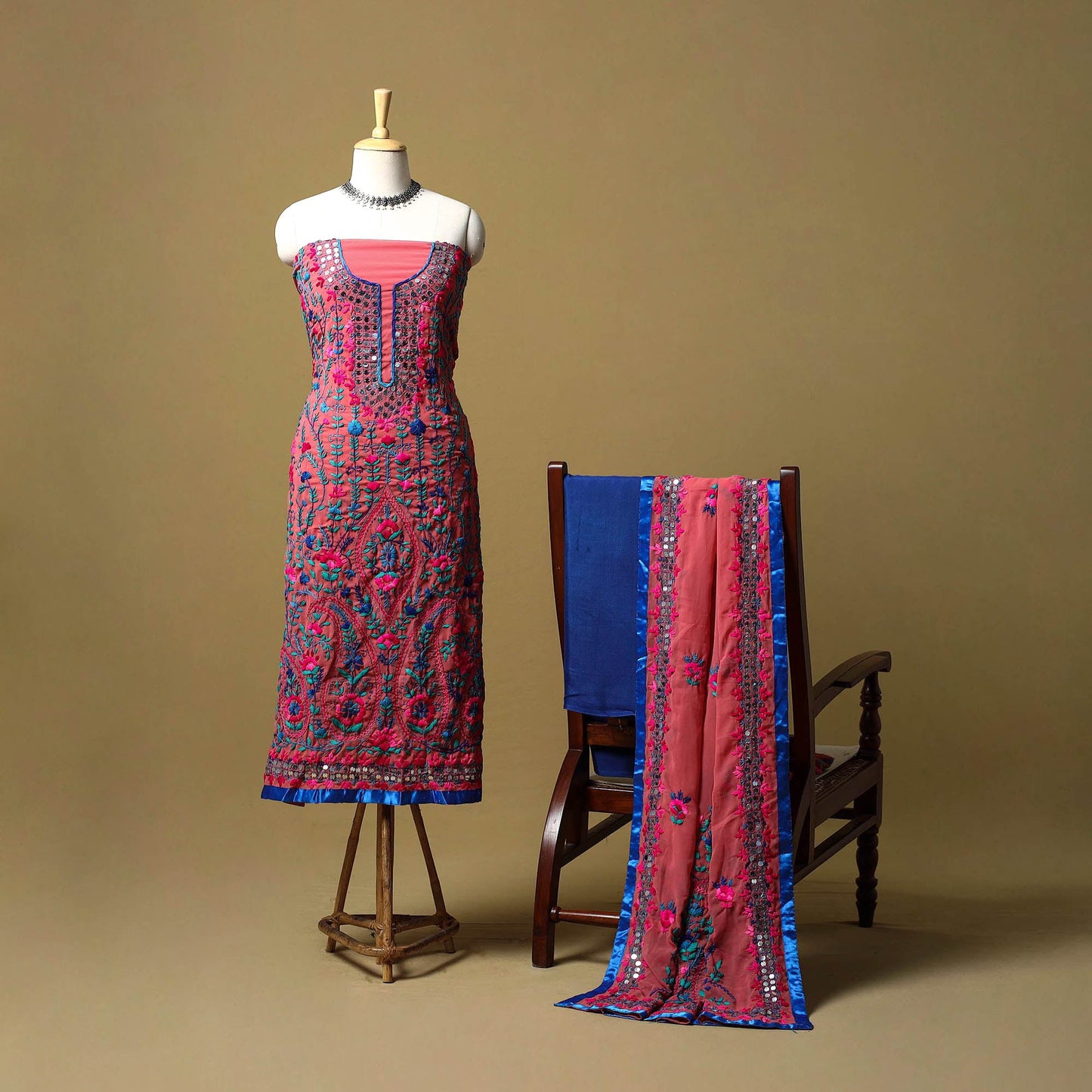 Red - ranihati chapa work hand embroidery georgette 3pc