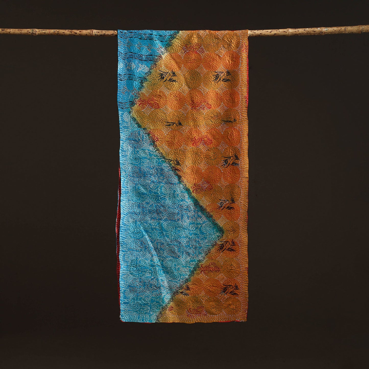 Red - reversible silk bengal hand kantha stitch stole 108