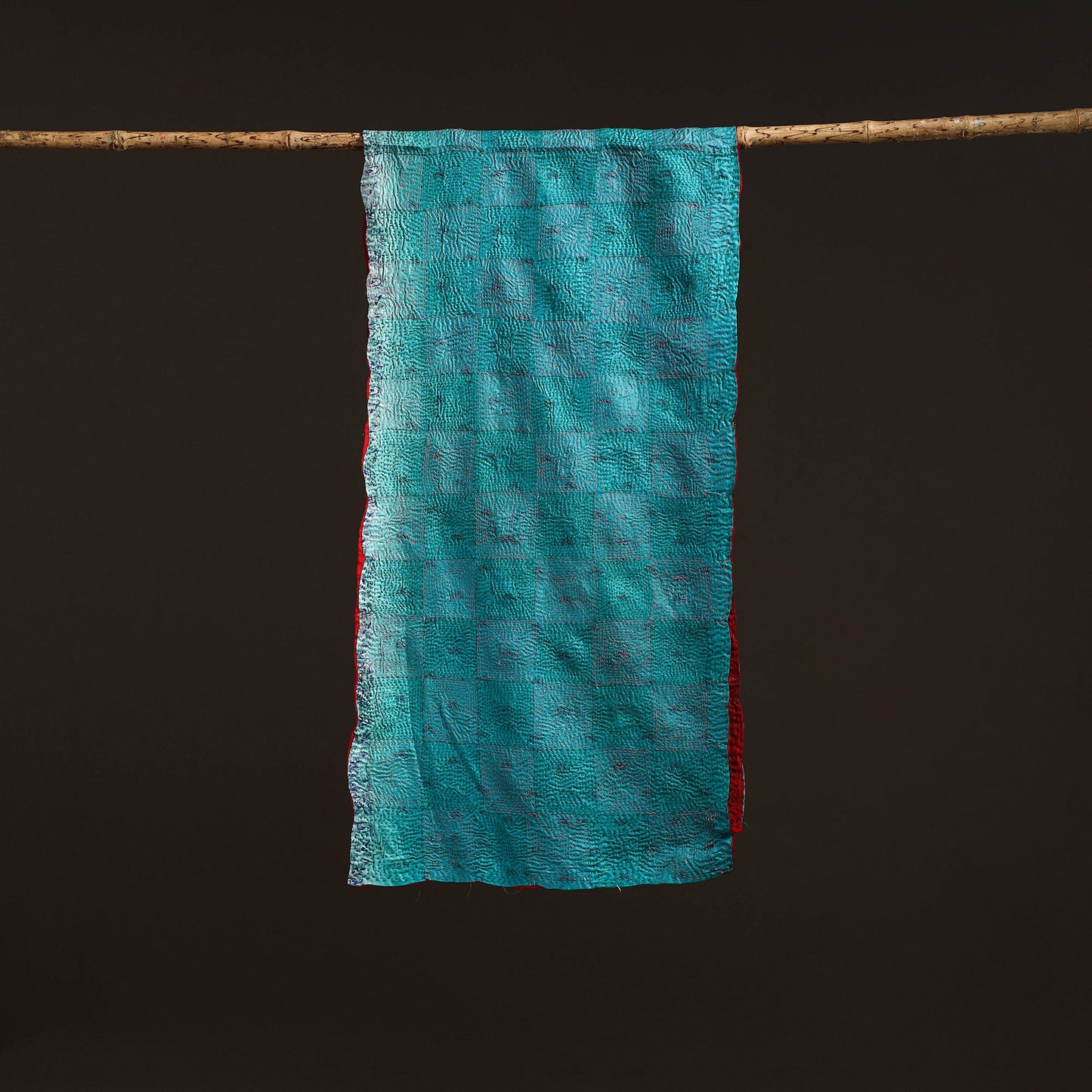 Red - reversible silk bengal hand kantha stitch stole 118