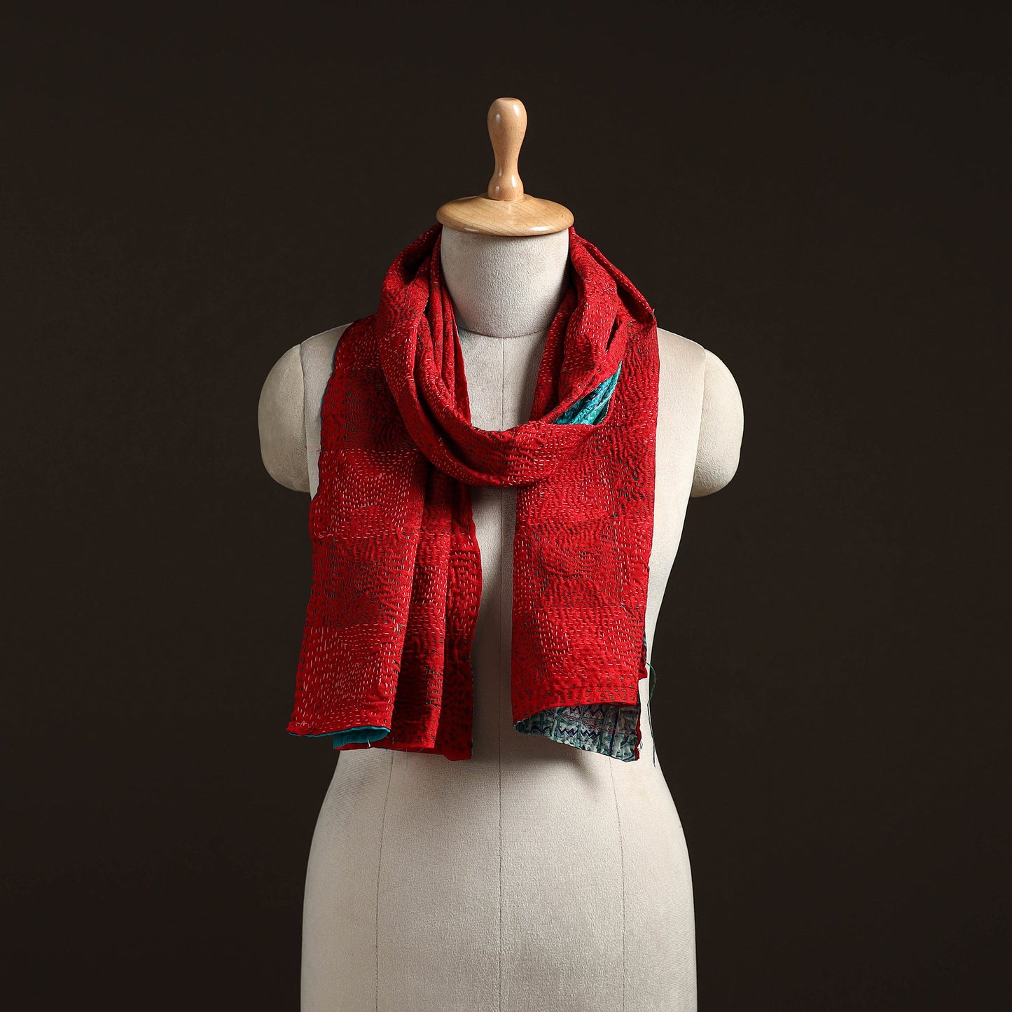 Red - reversible silk bengal hand kantha stitch stole 118