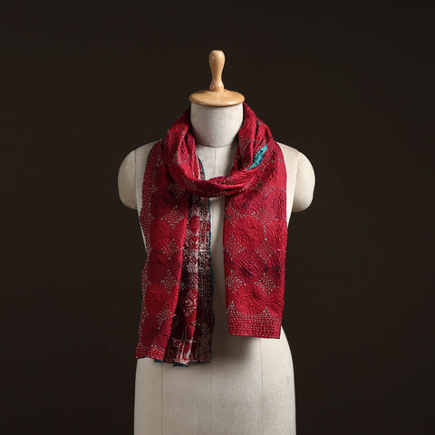 Red - reversible silk bengal hand kantha stitch stole 141