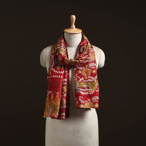 Red - reversible silk bengal hand kantha stitch stole 179
