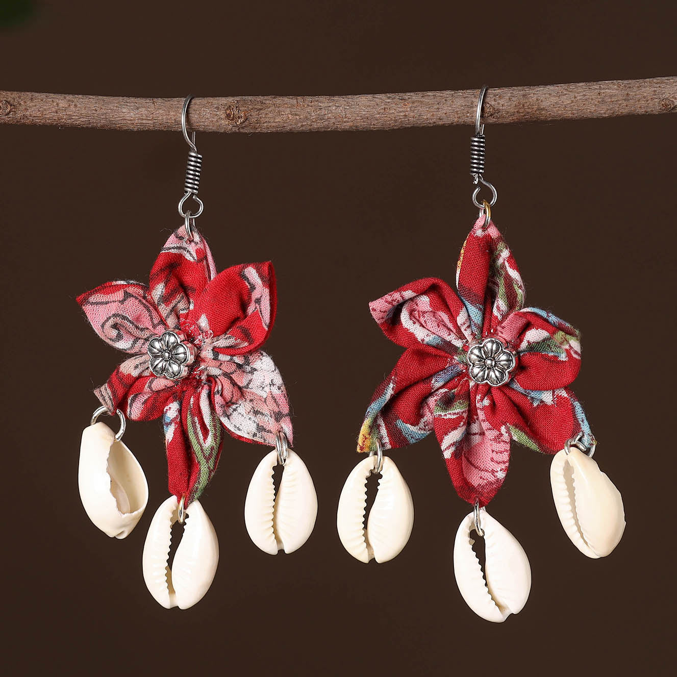 Red - riva fabart phool kali shell earrings - handcrafted