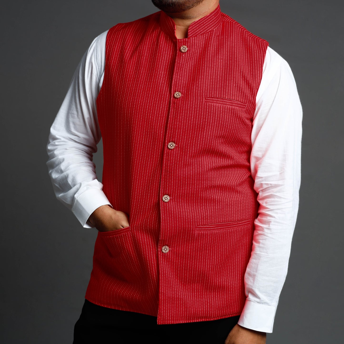 Buy Running Stitch Cotton Nehru Jacket Online at iTokri.com
