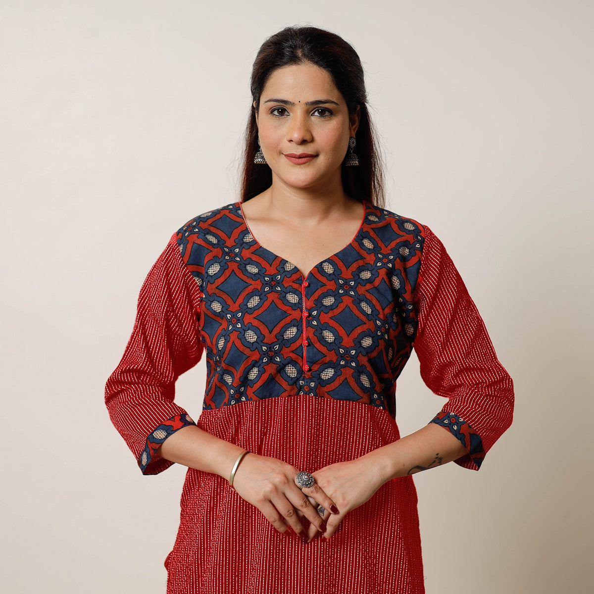  Running Stitch Cotton Straight Kurta with Bagru Patchwork 13 