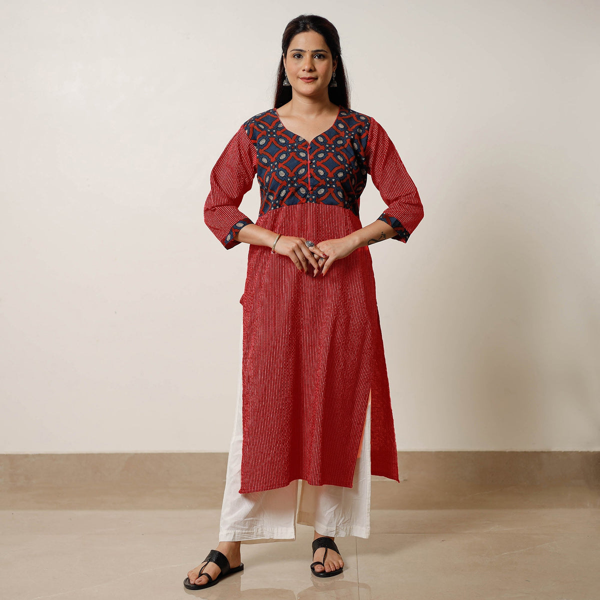  Running Stitch Cotton Straight Kurta with Bagru Patchwork 13 