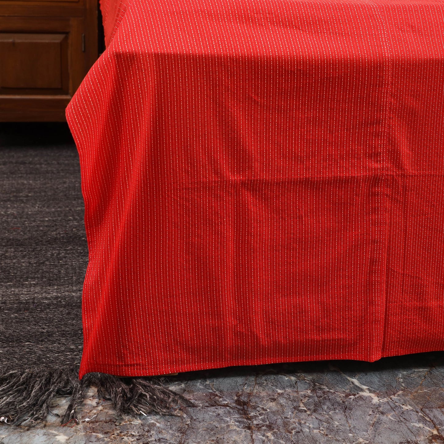 Red Running Stitch with Ajrakh Modal Silk Patch Cotton Bedsheet Set