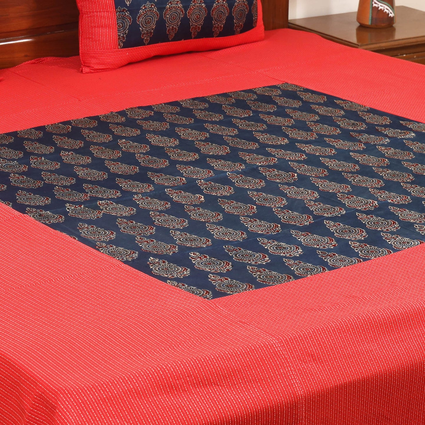 Red Running Stitch with Ajrakh Modal Silk Patch Cotton Bedsheet Set