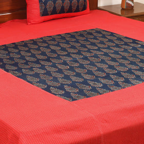 Red Running Stitch with Ajrakh Modal Silk Patch Cotton Bedsheet Set