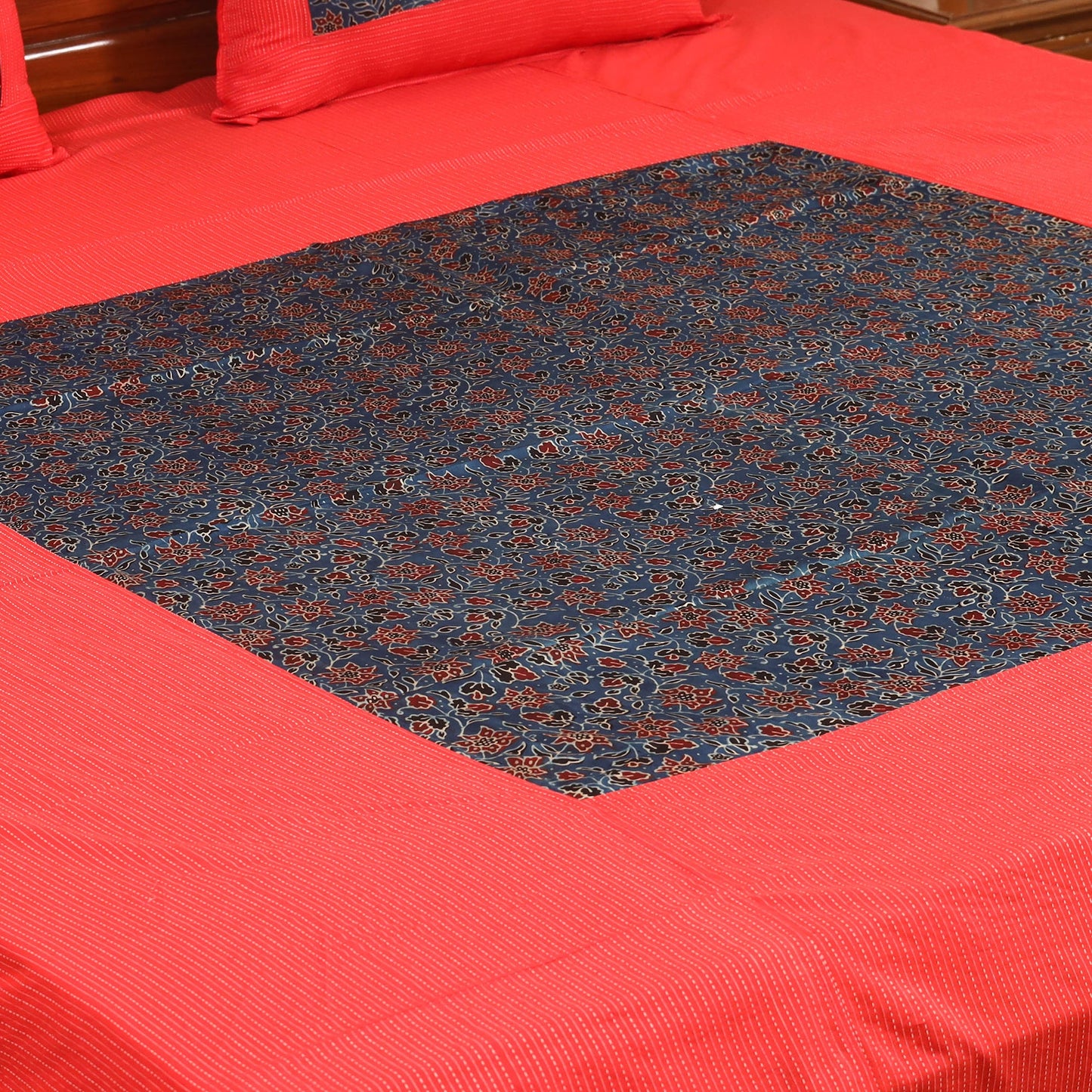 Red Running Stitch with Ajrakh Modal Silk Patch Cotton Bedsheet Set
