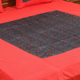Red Running Stitch with Ajrakh Modal Silk Patch Cotton Bedsheet Set