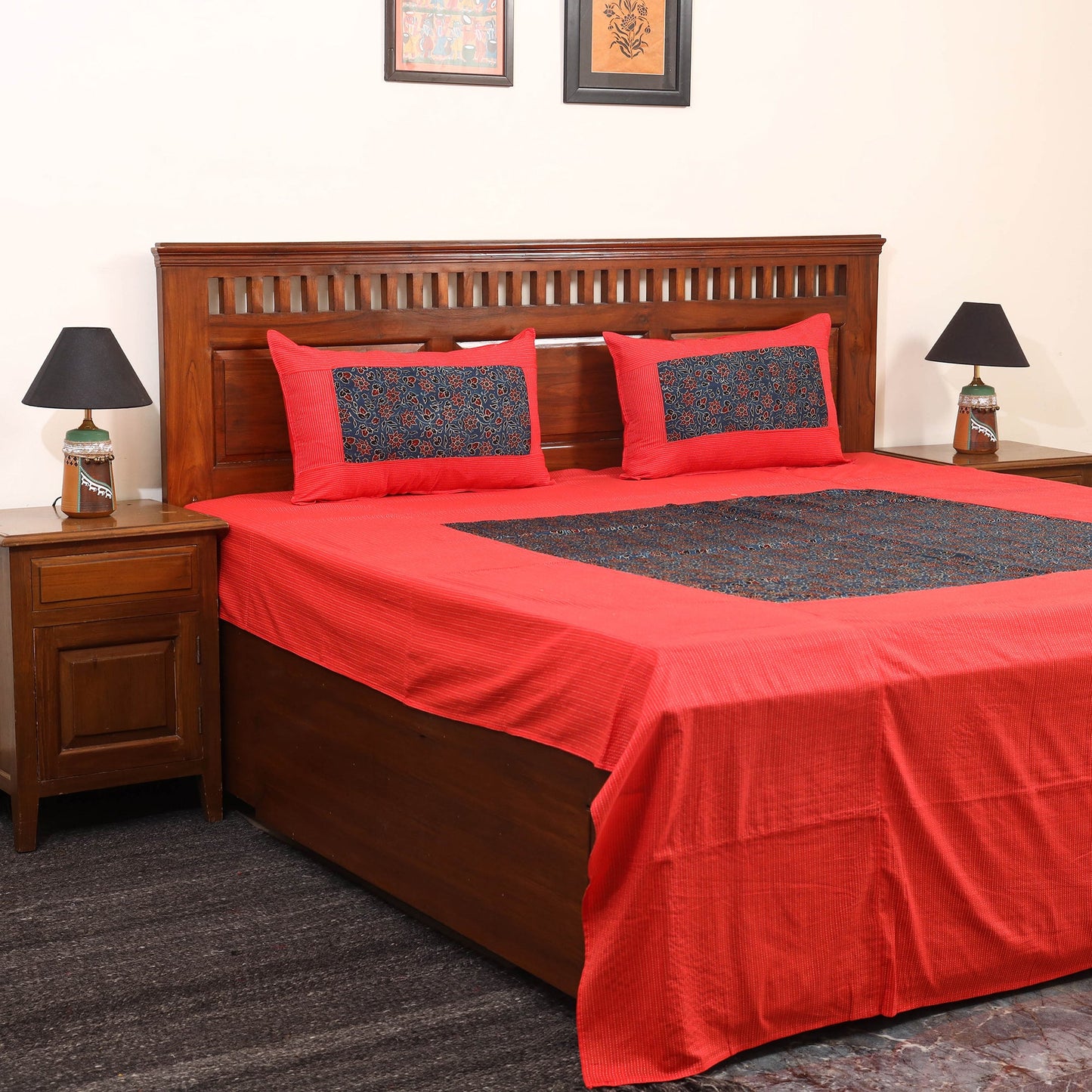 Red Running Stitch with Ajrakh Modal Silk Patch Cotton Bedsheet Set