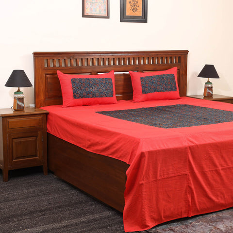 Red Running Stitch with Ajrakh Modal Silk Patch Cotton Bedsheet Set
