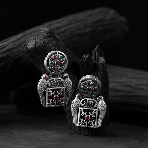 Red - saanjh bela bird oxidised earrings - handcrafted